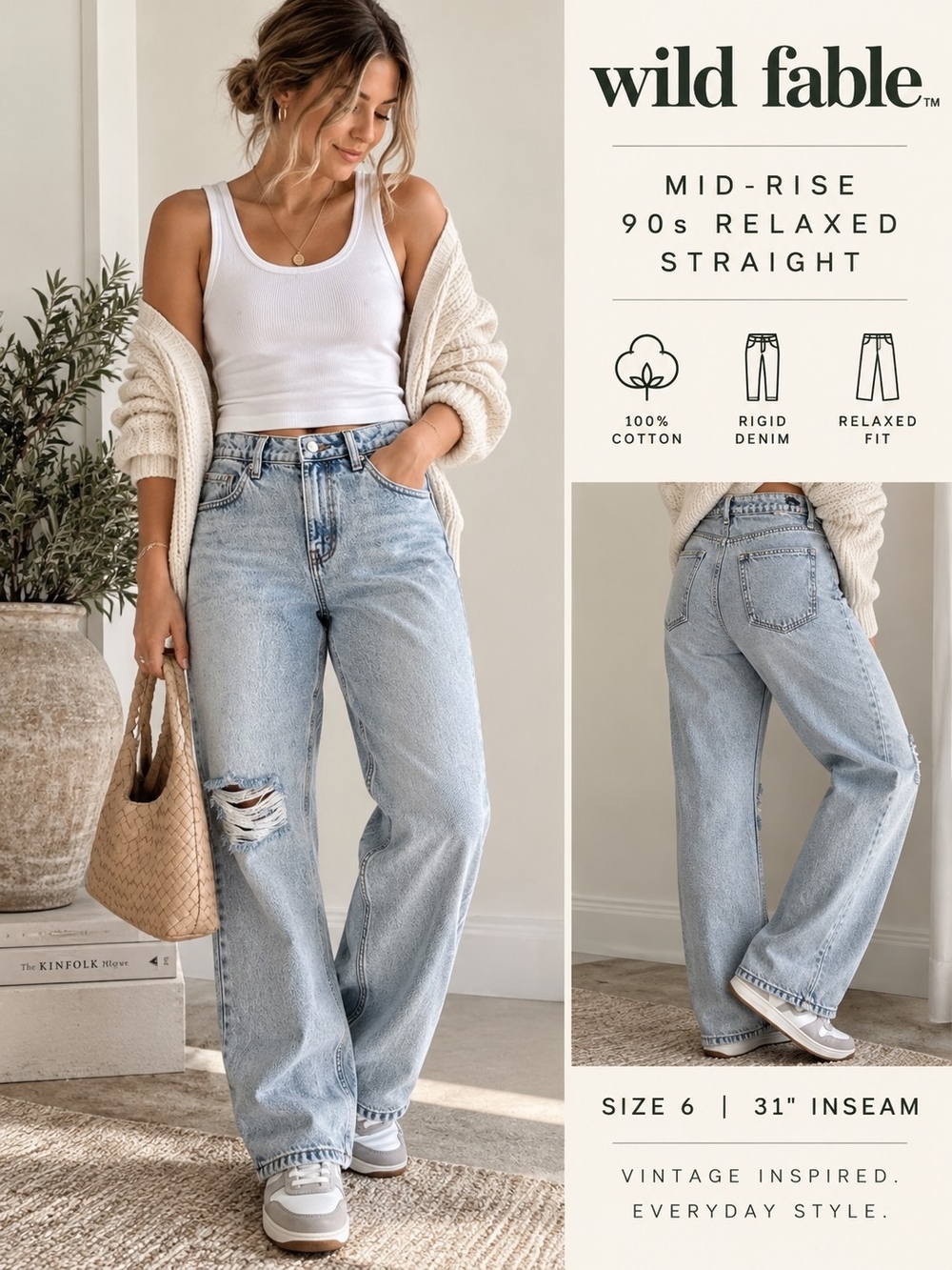 Wild Fable Mid Rise 90s Relaxed Straight Jeans Size 6 Light Wash Distressed NWT